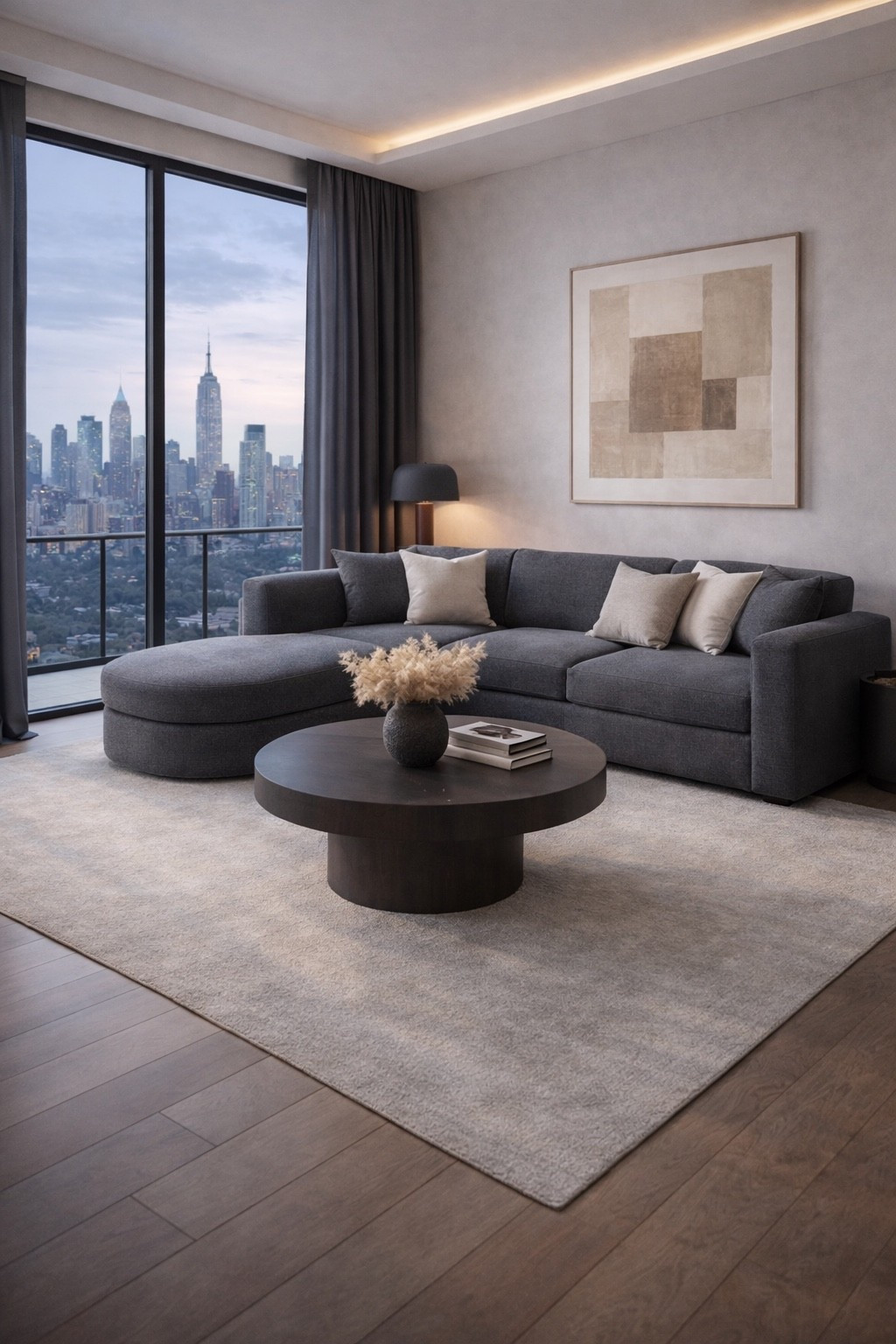 A modern living room designed in deep gray and neutral tones with a sculptural round coffee table and a cozy sectional sofa.
Large floor-to-ceiling windows bring stunning city views, while soft lighting creates a calm, elegant, and luxurious atmosphere.
Perfect inspiration for modern apartments, minimalist interiors, and contemporary home decor lovers.
#modernlivingroom
#darkinterior
#contemporaryhome
#modernapartment
#cityviewhome
#roundcoffeetable
#sectionalsofa
#neutralinterior
#luxuryinteriors
#homeinspiration


#LTKHoliday #LTKSaleAlert #LTKHome