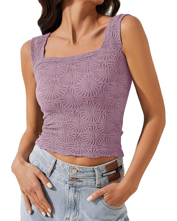 Womens Crop Floral Tank Top Square Neck Wide Straps Cropped Tank Tops Slim Fit Lettuce Trim Boho ... | Amazon (US)