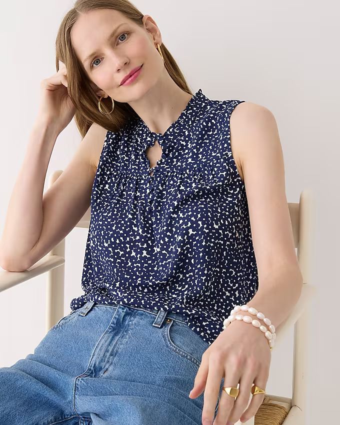Sleeveless button-front ruffleneck popover in navy floral | J.Crew US