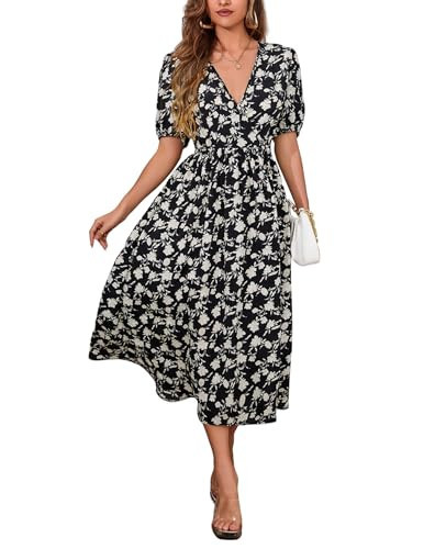CARE LUCK Elegant Black Midi Dress for Women Puff Sleeve Dress with Cinched Waist Summer Cocktail and Casual Little Black Dress | Amazon (US)