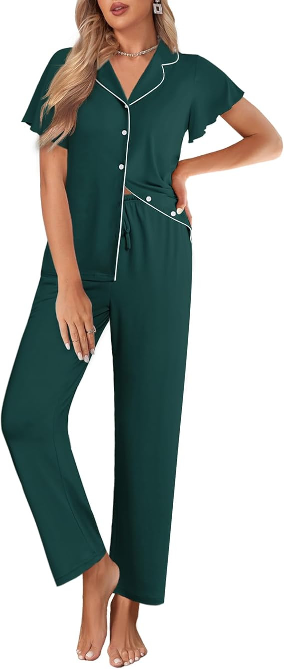 Ekouaer Pajamas for Women Set Button Up Sleepwear Cute Pjs Ruffle Sleeve Notch Collar Loungewear ... | Amazon (US)