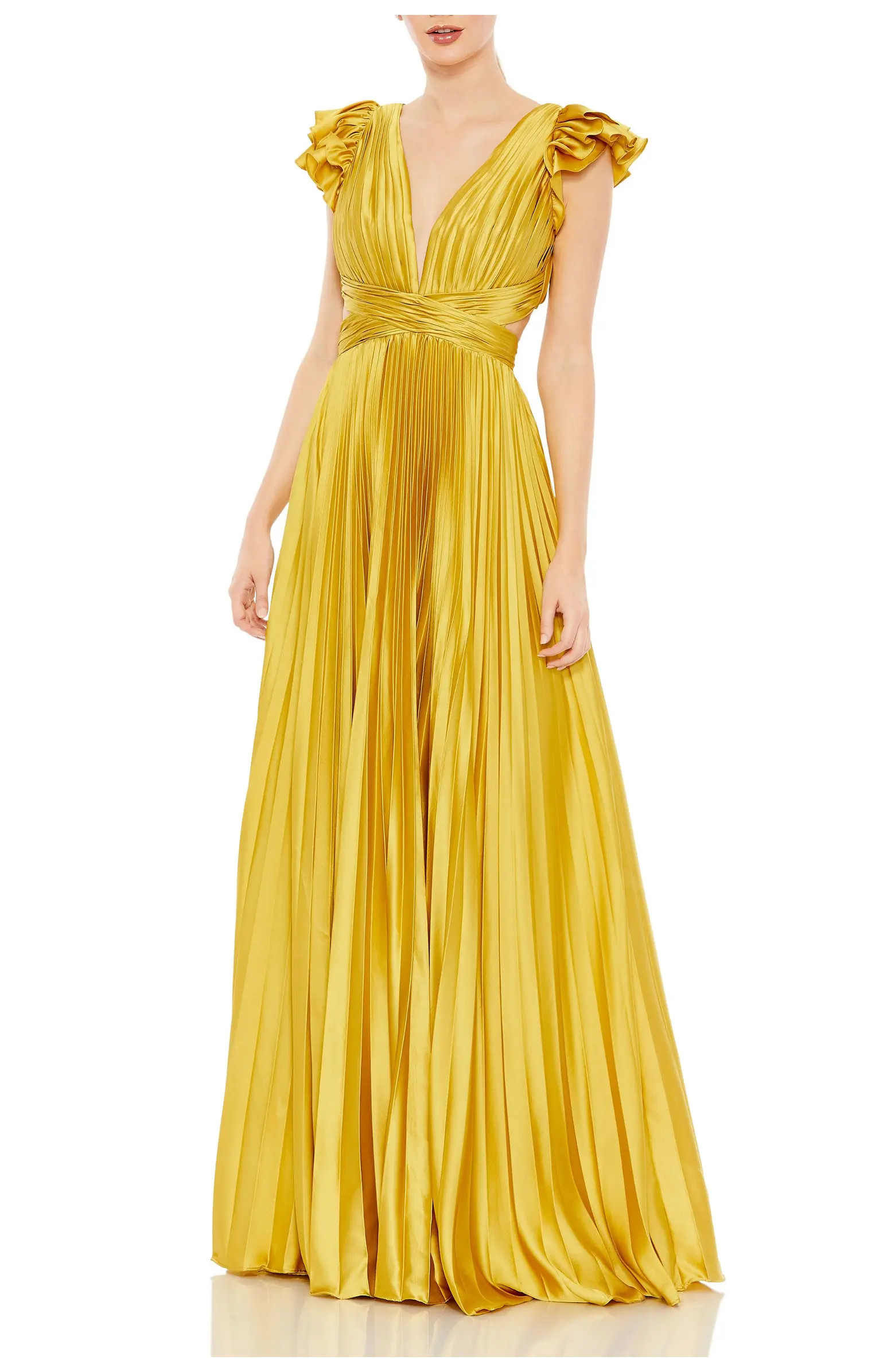 Pleated Ruffled Cap Sleeve Cut Out Lace Up Gown | Nordstrom