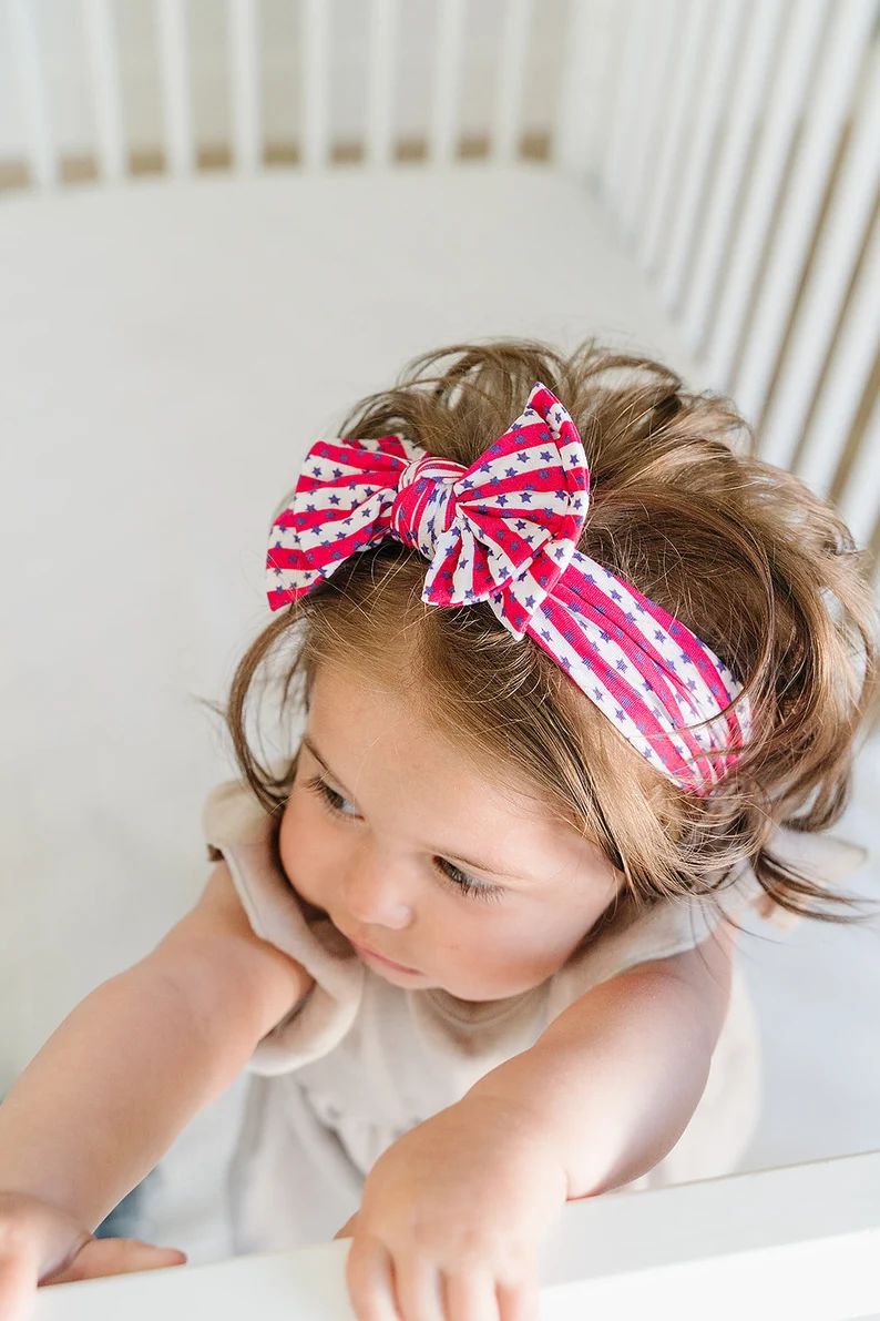 Patriotic Stars and Stripes Double Bow Nylon Headband, Fourth of July Baby Headband, 4th of July ... | Etsy (US)