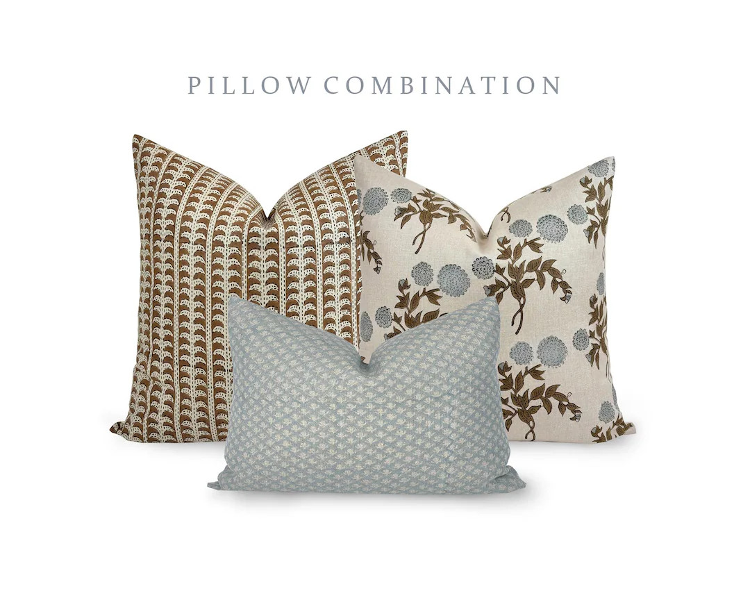 PILLOW COMBO | Spring Pillow Combination, Brown Striped Pillow, Floral Blue Pillow, Blue Neutral ... | Etsy (US)