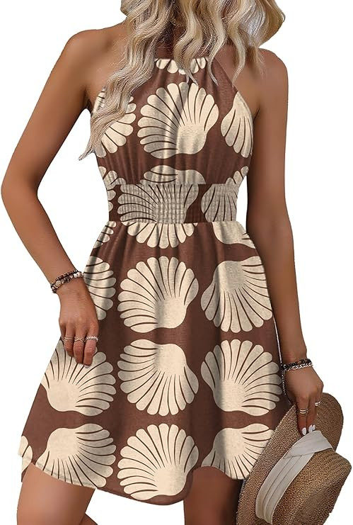 BLENCOT Womens Summer Beach Halter Neck Dresses Casual Smocked A Line Floral Mini Dress with Pock... | Amazon (US)