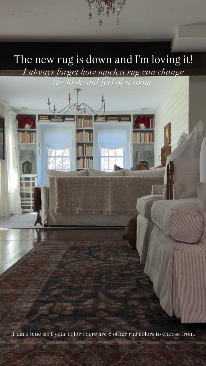 The new rug is down and I’m loving it! I always forget how much a rug can change the look and feel of a room. If dark blue isn’t your color, there are 8 other rug colors to choose from.