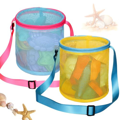 MUYIZI Mesh Beach Bag for Shells Collecting 2 Pcs, Shell Bags for Beach, Sea Shell Bags for Picking Up Shells, Beach Shell Bag for Kids Beach Toys Swimming Accessories for Boys and Girls (Blue+Yellow) | Amazon (US)