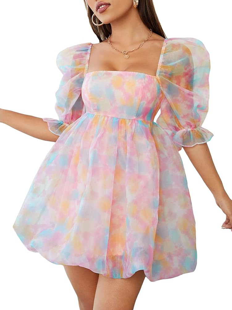 WDIRARA Women's Floral Print Square Neck Puff Sleeve High Rise Flare Organza Dress | Amazon (US)