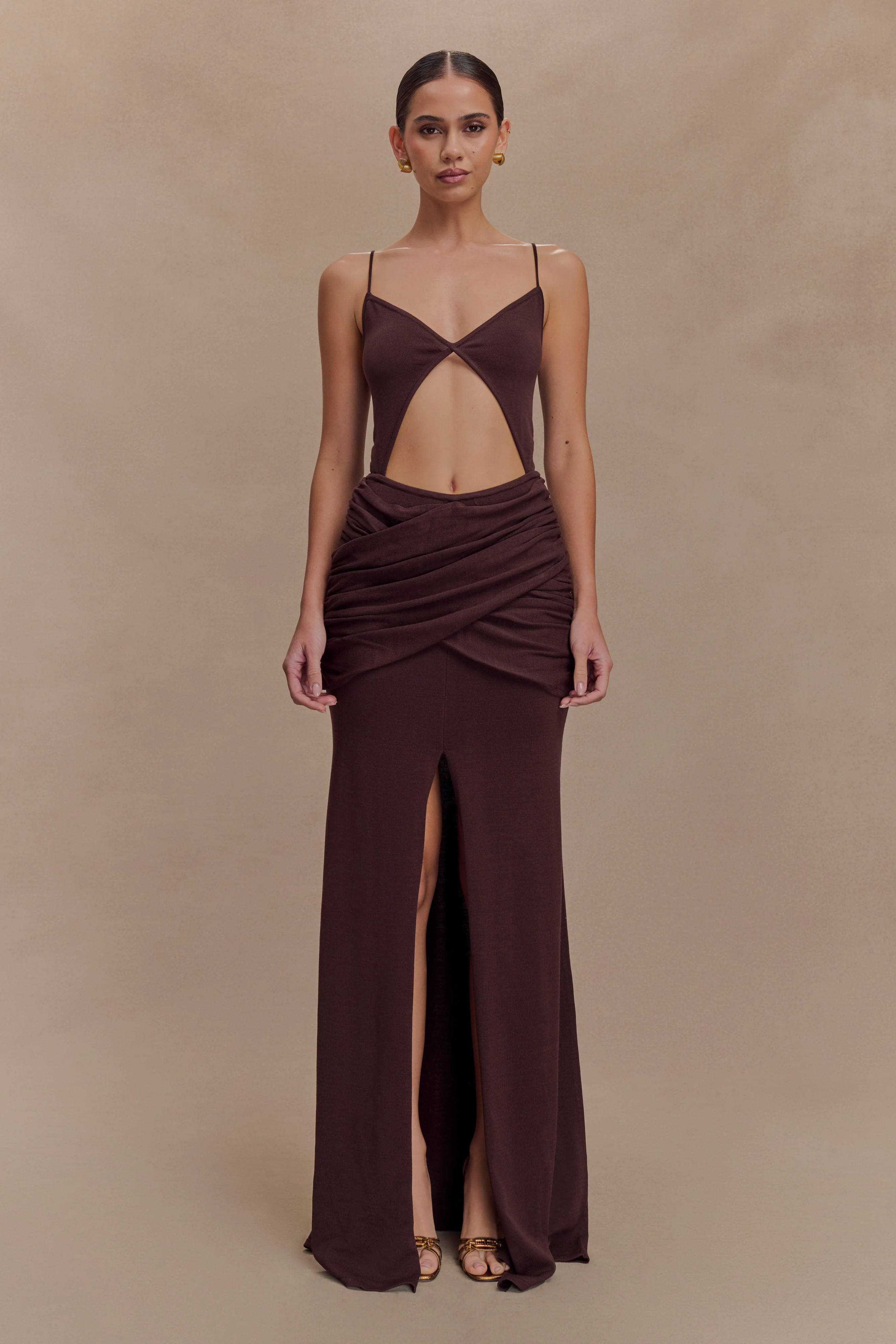 Reama Wrap Over Knit Maxi Dress - Chocolate | MESHKI US
