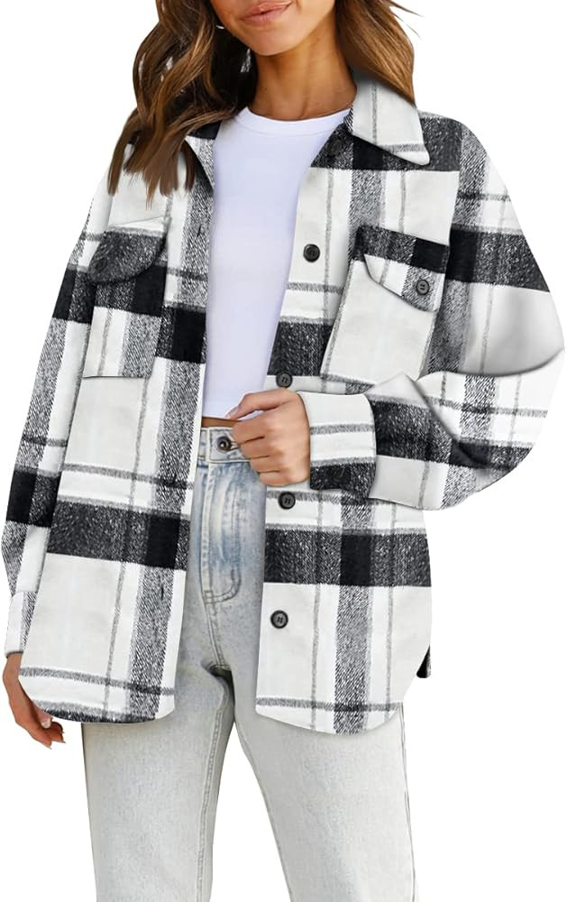 Womens Flannel Shacket Jacket Casual Plaid Wool Blend Button Down Long Sleeve Shirt Fall Clothes Out | Amazon (US)