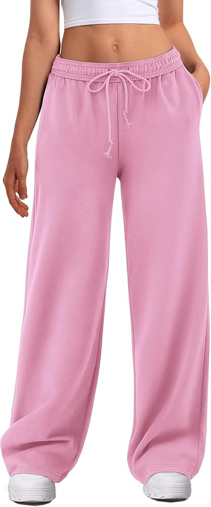 ATHMILE Women's Wide Leg Sweatpants High Waisted Baggy Interior Drawstring Joggers Straight Leg S... | Amazon (US)