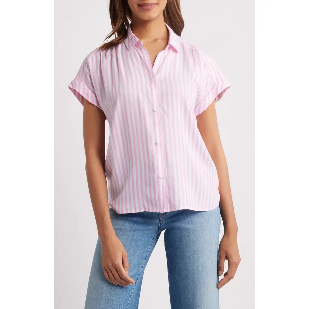 beachlunchlounge Daria Stripe Short Sleeve Button-Up Shirt in Ocean Pink at Nordstrom, Size X-Small | Nordstrom