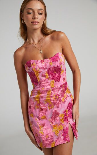Brailey Dress - Strapless Mini Dress in Pink Jacquard | Showpo (US, UK & Europe)