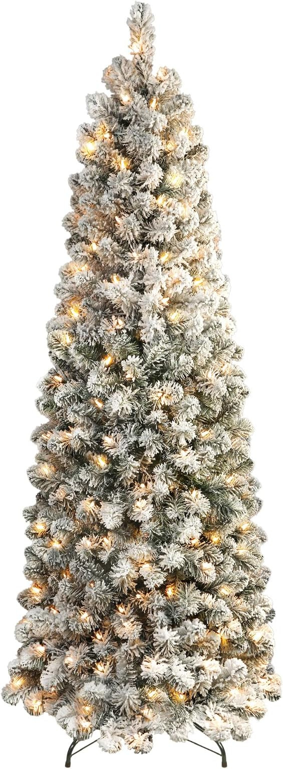 SHareconn 7.5ft Prelit Snow Flocked Artificial Hinged Slim Pencil Christmas Tree with Warm White ... | Amazon (US)