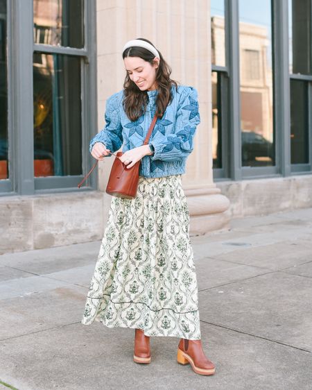 a print mixing moment. Skirt is Mason's Daughter for The Avenue. Jacket is Free People Quinn Quilted Jacket paired with a Sezane bucket bag and Bernardo booties. 

#LTKitbag #LTKstyletip #LTKMostLoved