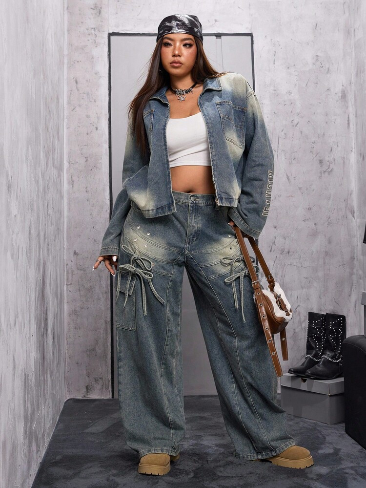 Jeanoix Plus Size Casual Retro Blue Loose Denim Jacket Punk | SHEIN