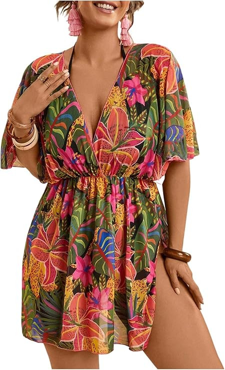 SHENHE Women's Plus Size Mesh Swimsuit Coverups Tropical Bat Wing Dress Bathing Suit Cover Up | Amazon (US)