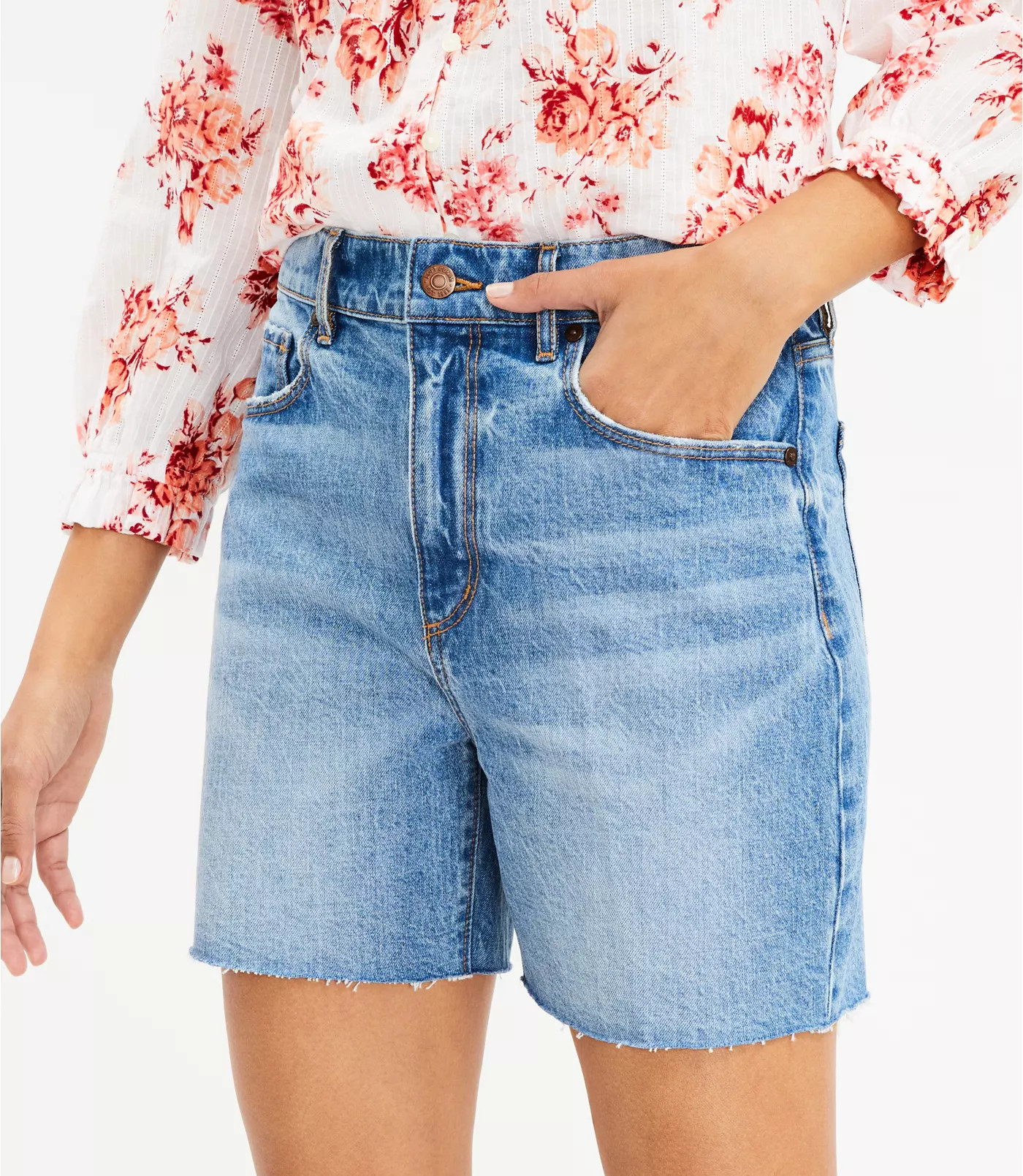 Destructed Fresh Cut Hem High Rise Boyfriend Shorts in Classic Mid Indigo Wash | LOFT