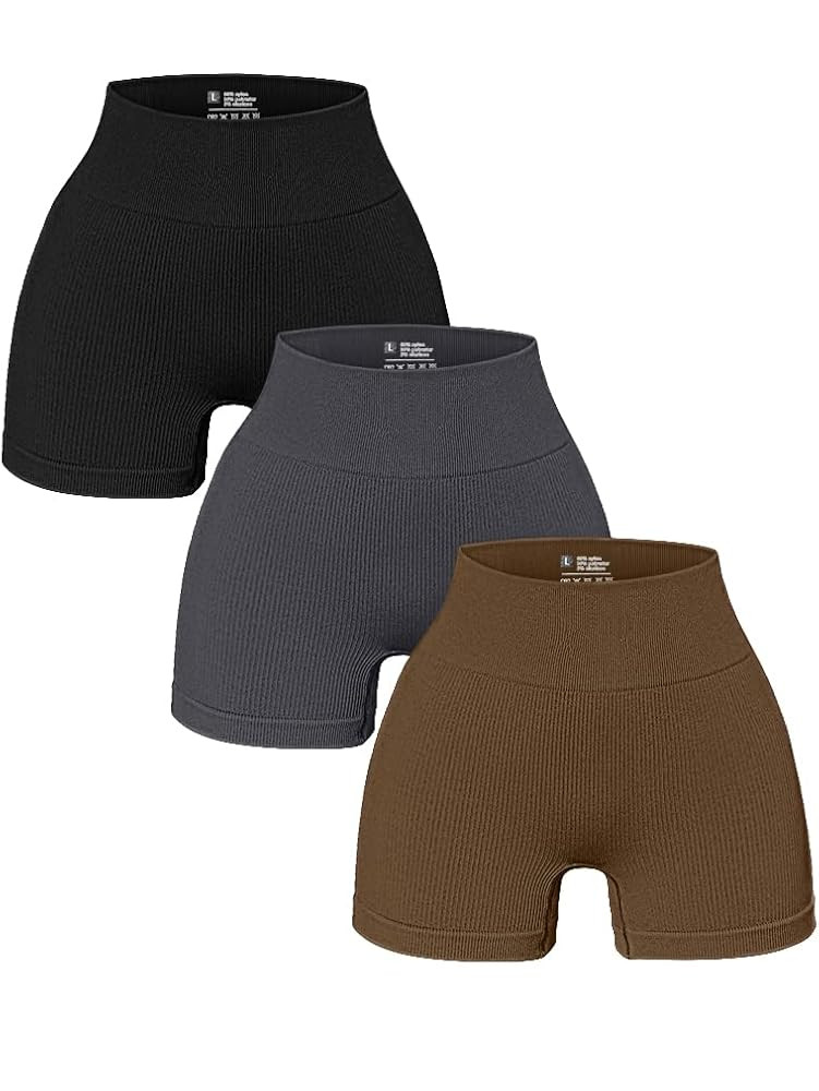 OQQ Women's 3 Piece Yoga Ribbed Seamless Workout High Waist Athletic Legging Shorts | Amazon (US)