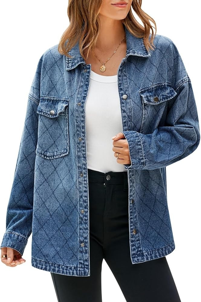 Tankaneo Womens Oversized Denim Jackets Trendy Diamond Quilted Button Down Jean Shackets Casual L... | Amazon (US)