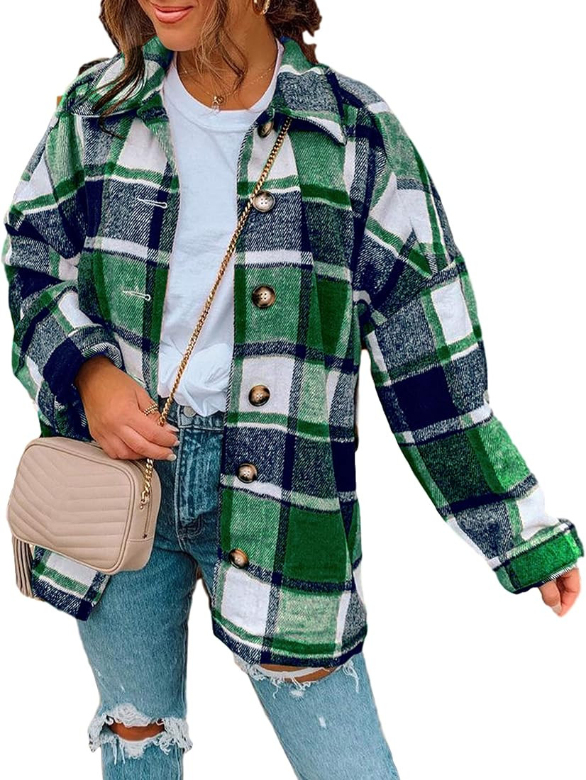 Yeokou Women's Fall Color Block Plaid Flannel Shacket Jacket Button Down Shirt Coat Tops | Amazon (US)