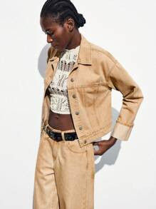 Maija Women's Brown Denim Jacket With Folded Cuffs, Loose Casual Jacket, Retro Western Cowboy Sty... | SHEIN