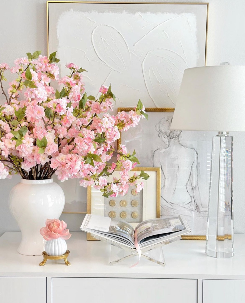 Cherry blossoms, gold clawfoot dish tall crystal lamp lucite book display 

#LTKhome #LTKsalealert #LTKstyletip