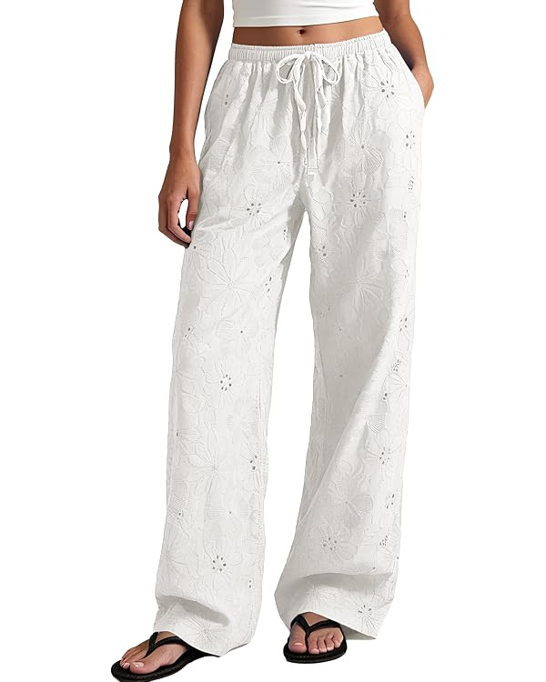 Women Floral Embroidered Pants Cutout Design Fashion Casual Palazzo Trousers Cozy Beach Summer Va... | Amazon (US)