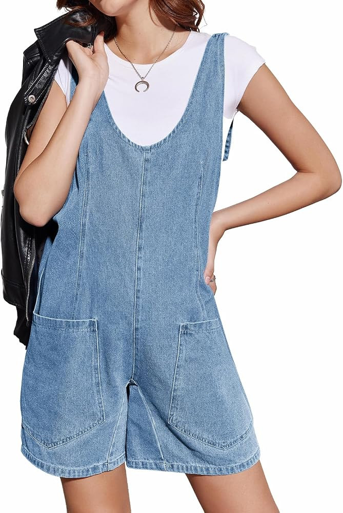 Tongmingyun Womens Summer Denim Overall Shorts Casual Sleeveless V Neck Jean Romper with Pockets | Amazon (US)