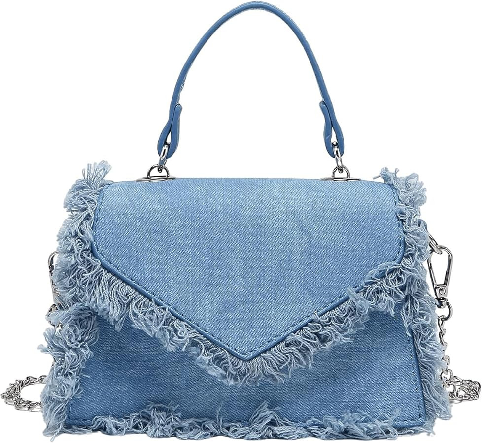 SweatyRocks Women's Small Crossbody Bags Denim Fringed Square Bag Satchel Handbags Purses | Amazon (US)