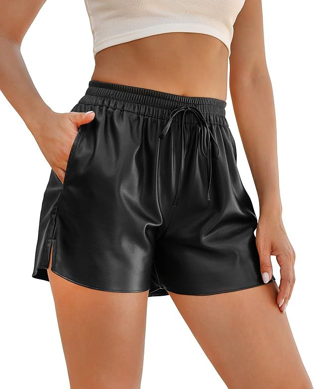 LA MIURA Casual Black Faux Leather Shorts for Women with Side Pockets | Amazon (US)