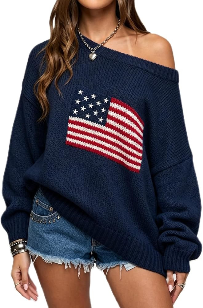 American Flag Sweater for Women Off the Shoulder Vintage Patriotic Striped Star USA Loose Knitted... | Amazon (US)