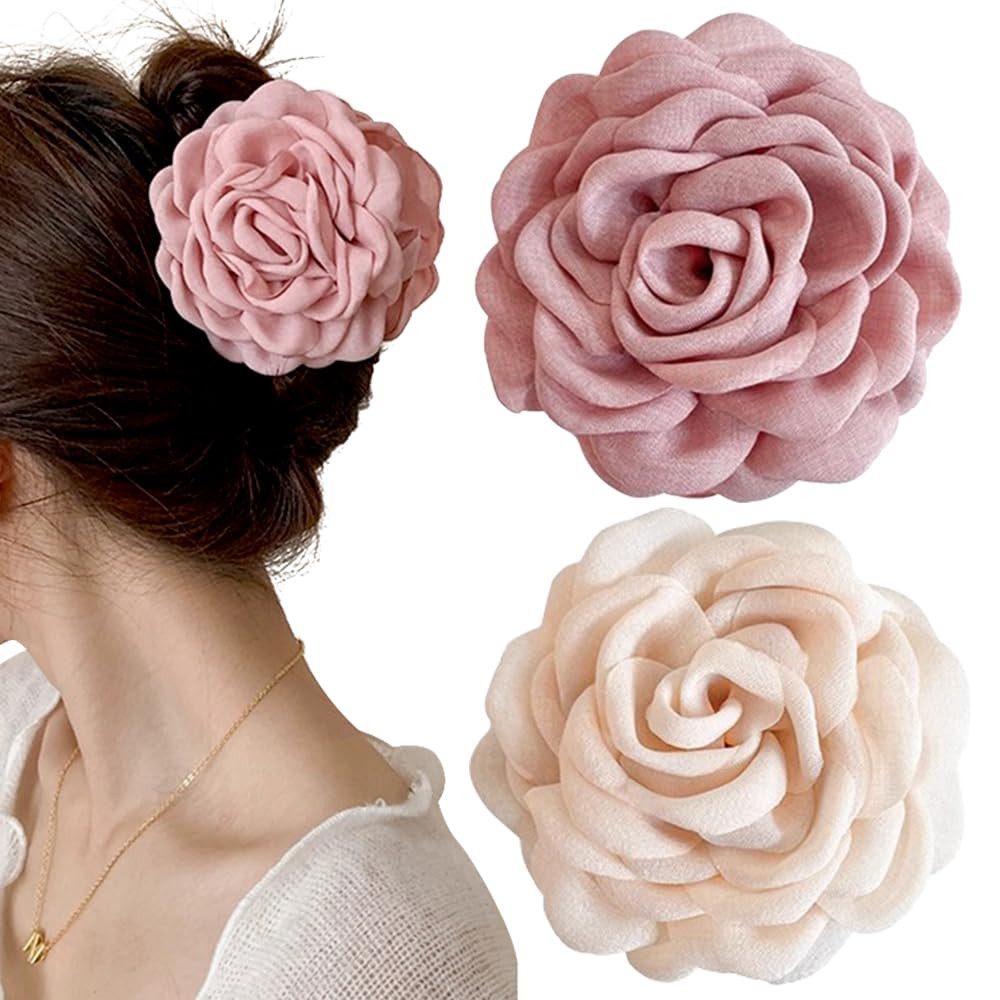 2Pcs Hawaiian Chiffon Pink Apricot Floral Fabric Silk Rose Tulle Blossom Hair Clips and Claw Clip... | Amazon (US)