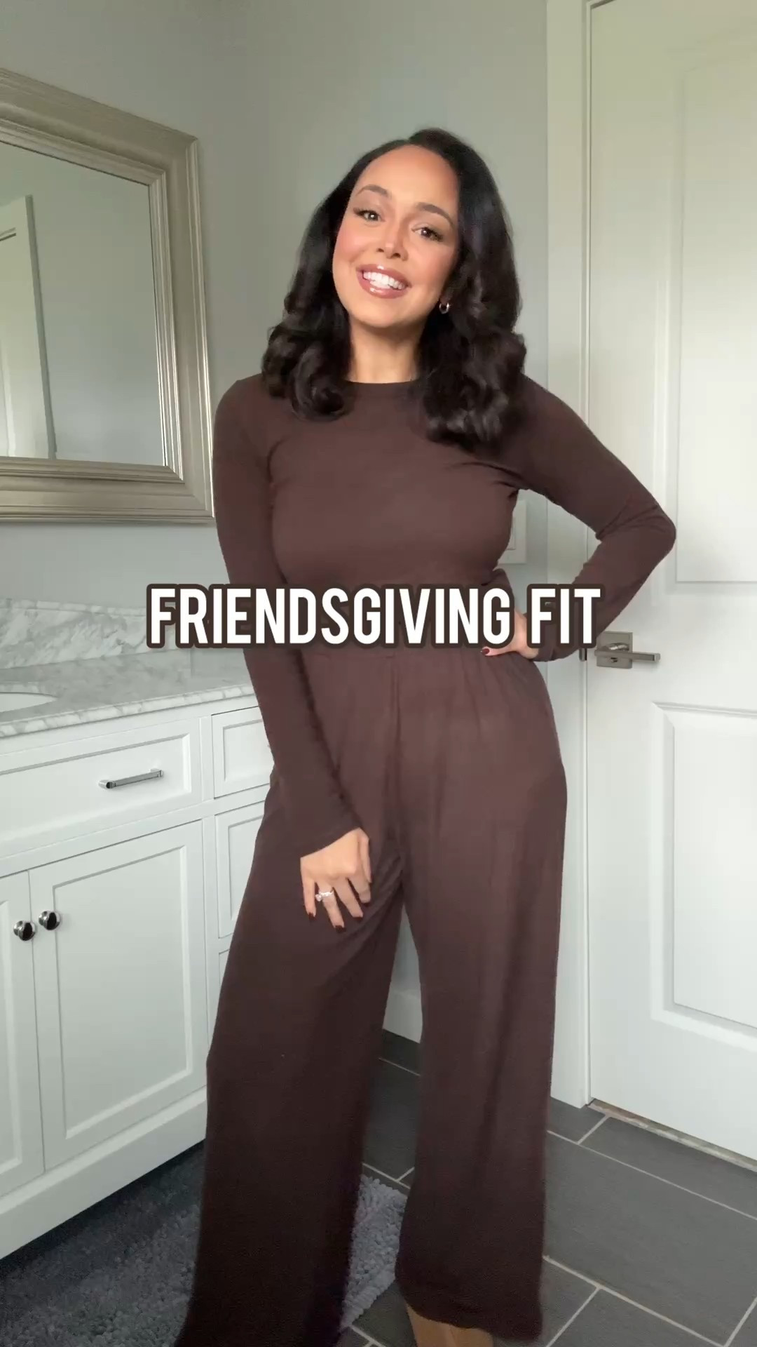 Get dressed with me for Friendsgiving! 🤎 I’m mix and matching an ivory cable knit sweater with cream knit pants for a comfy & cute look! I am a wearing a size small in the cable knit - runs very oversized - but the sweater fully covers the bum! P.S. my brown lounge set is the SOFTEST MATERIAL EVER! 

#LTKgrwm #LTKHoliday #LTKdayinmylife
