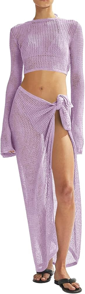 Women's Swimsuits Cover Ups Set for Crochet Bathing Suit Hollow Out 2 Piece Bikini Coverup Beach ... | Amazon (US)