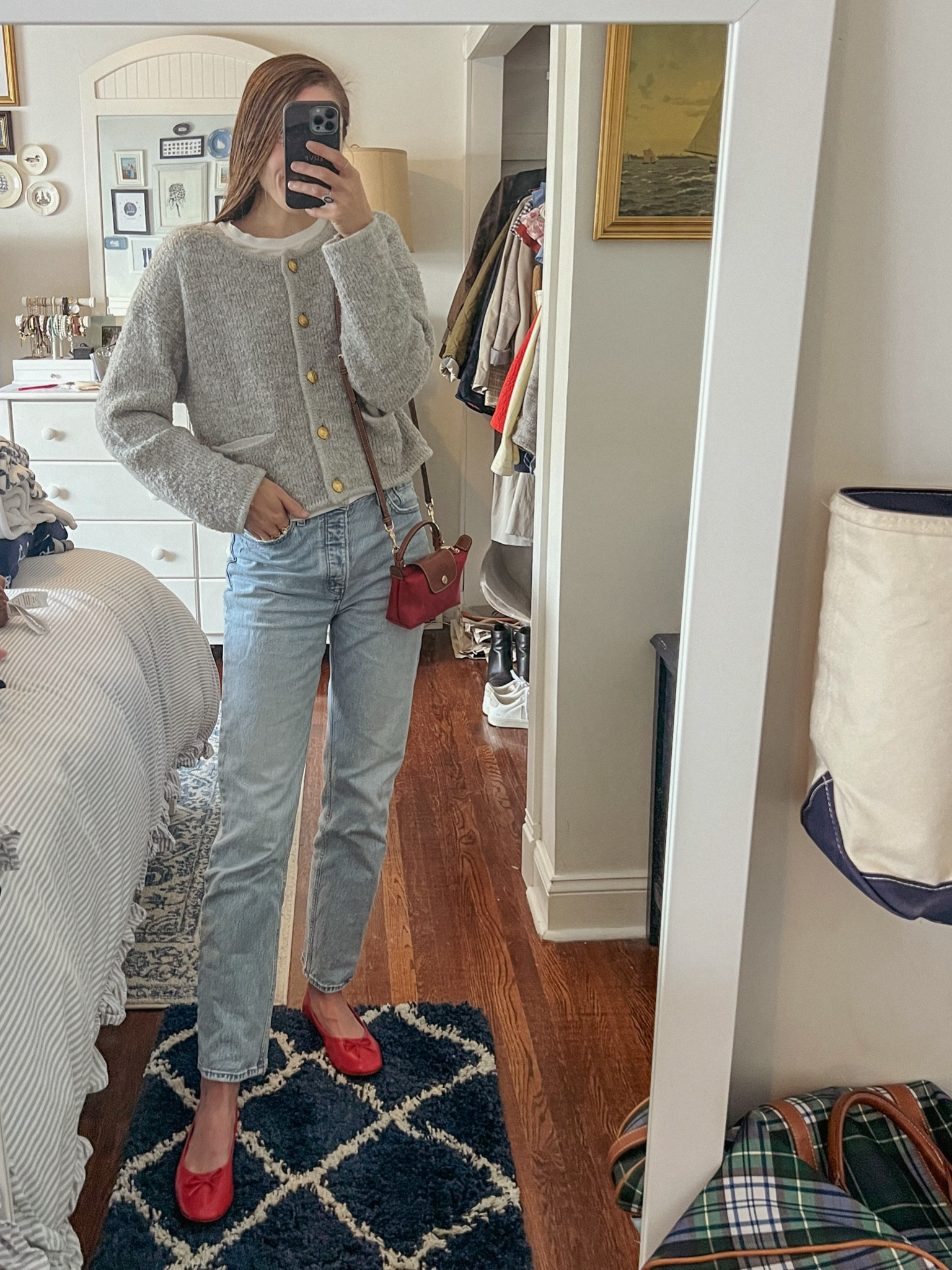 Red flats ❤️ longchamp mini, lady jacket, classic style, preppy style, gap, Abercrombie, loose jeans, winter style, winter outfit, sweater, ballet flats 

#LTKStyleTip #LTKShoeCrush #LTKWorkwear