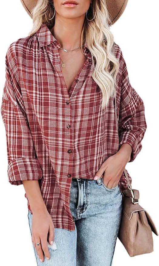 Sidefeel Women Plaid Long Sleeve Button Down Shirt Casual Loose Tops | Amazon (US)