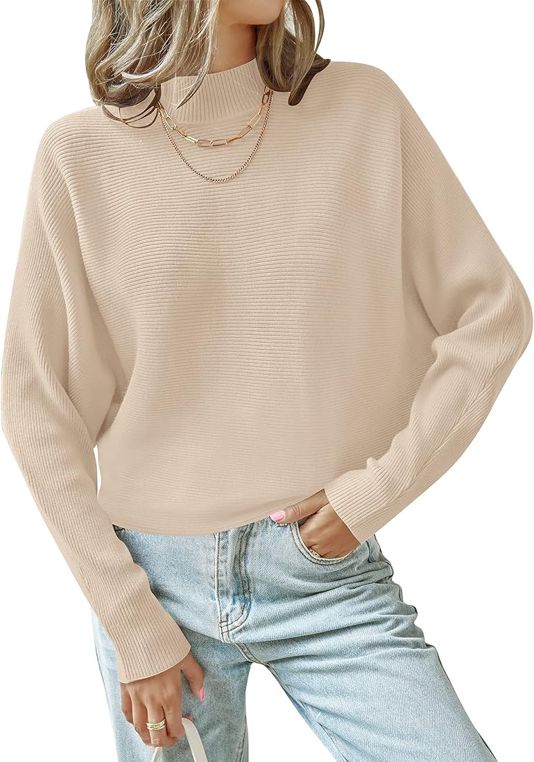 ZESICA Women's 2023 Fall Turtleneck Batwing Long Sleeve Ribbed Knit Casual Soft Pullover Sweater ... | Amazon (US)