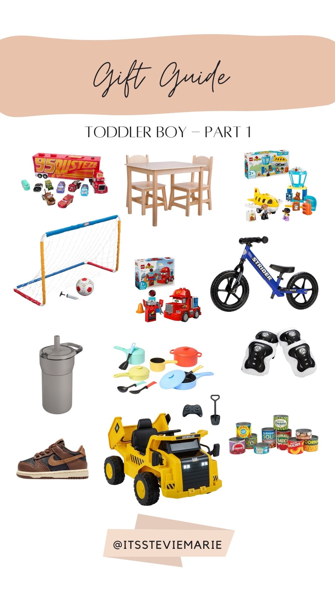 Gift Guide for a toddler boy - gift ideas for toddlers, toddler gifts, Christmas gift idea, Cars, toddler table, toddler airplane toy, toddler soccer goal, toddler strider, strider bike, brumate for toddler, play pans, toddler shoes, toddler pretend play, toddler ride-on dump truck

#LTKKids #LTKSeasonal #LTKFamily