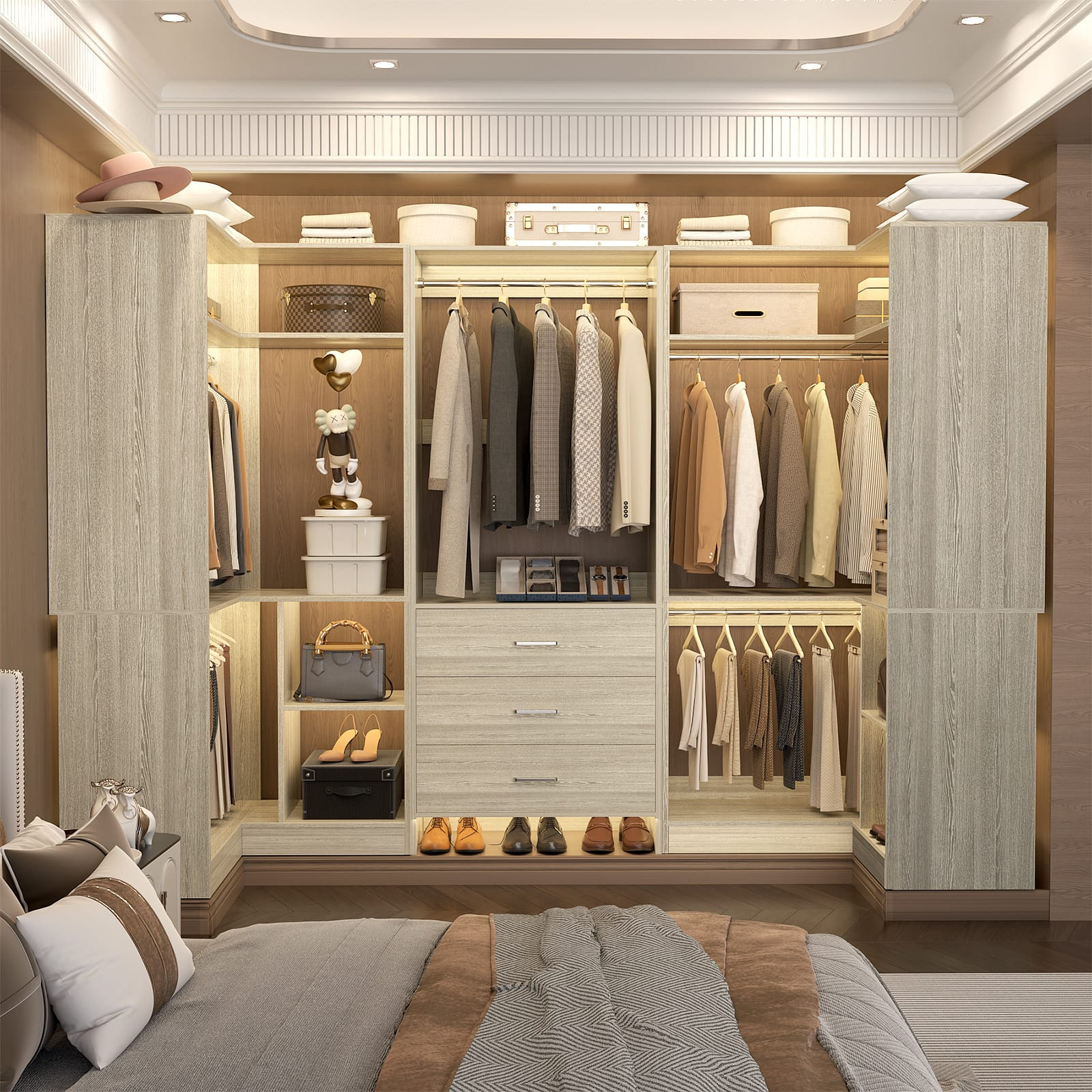 Aheaplus - 88.8'' With U-Shaped Closet System, Walk-in Wardrobe System with 3 Drawers and 5 Hanging Rods, Set of 3 - Beige Oak | Best Buy U.S.