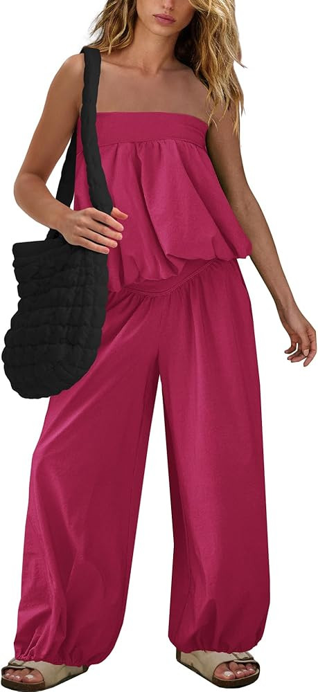 SENSERISE Pants Sets Women 2 Piece Outfits Bubble Off Shoulder Strapless Tube Top Wide Leg Pants ... | Amazon (US)