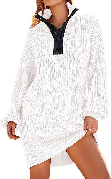 KIRUNDO Women's 2023 Fall Casual V Neck Long Lantern Sleeve Oversized Chunky Knit Pullover Mini S... | Amazon (US)