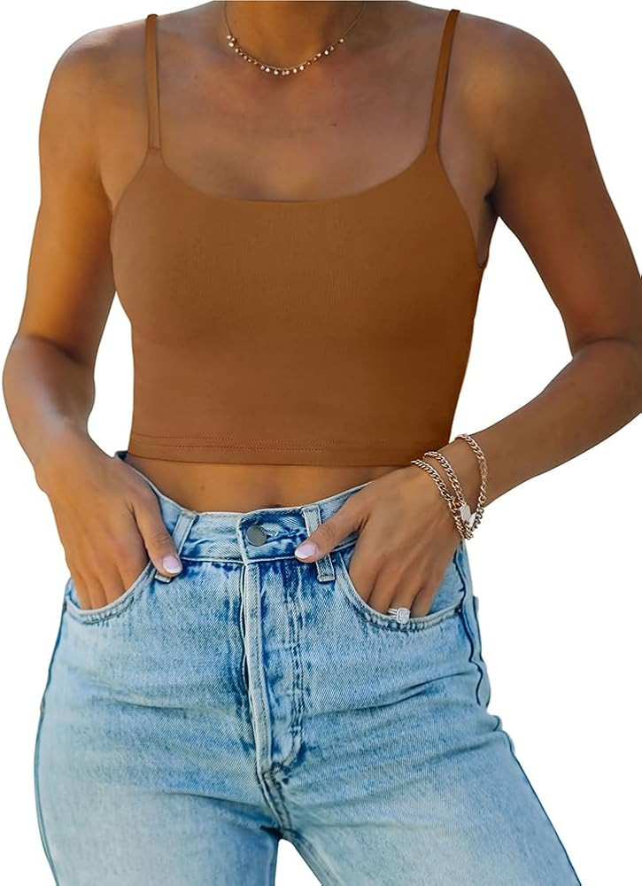 REORIA Women’s Sexy Adjustable Spaghetti Strap Double Lined Seamless Camisole Tank Yoga Crop To... | Amazon (US)