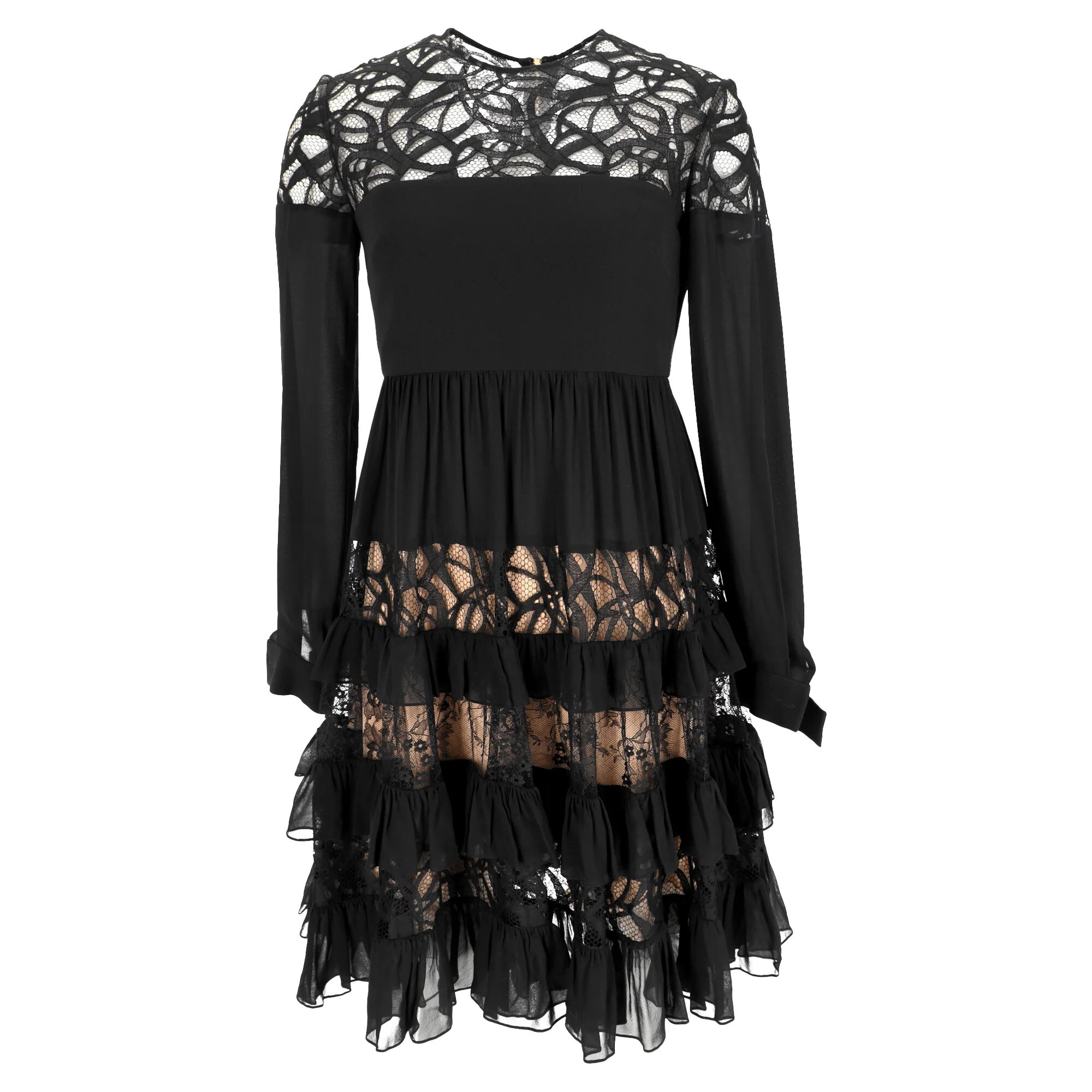 Elie Saab Lace-Trimmed Long Sleeve Mini Tiered Dress in Black Polyamide | Shop Simon