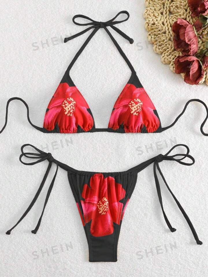 SHEIN Swim Women Summer Beach Floral Print Halter Neck Bikini Set | SHEIN