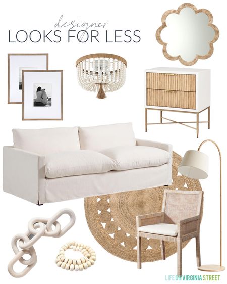Designer looks for less include a sofa with ivory-slipcover look, a wood and rattan chair, a textured wood nightstand, a seashell wall mirror, a flush mount chandelier, a round rug, a decorative wood chain and bead garland set and a floor lamp.

look for less home, designer inspired, beach house look, amazon haul, amazon must haves, area rug amazon, home decor, Amazon finds, Amazon home decor, simple decor, Kirkland home décor, wall mirror, living room couch, den sofa, dining chair, Walmart home, Walmart finds, world market chairs, world market sofa, amazon mirrors, neutral design, accent dresser, round area rug, dining room rug, simple decor, coastal decorating, coastal design, coastal inspiration #ltkfamily #ltkfind 

#LTKSeasonal #LTKstyletip #LTKunder50 #LTKunder100 #LTKhome #LTKsalealert #LTKstyletip #LTKunder100 #LTKhome