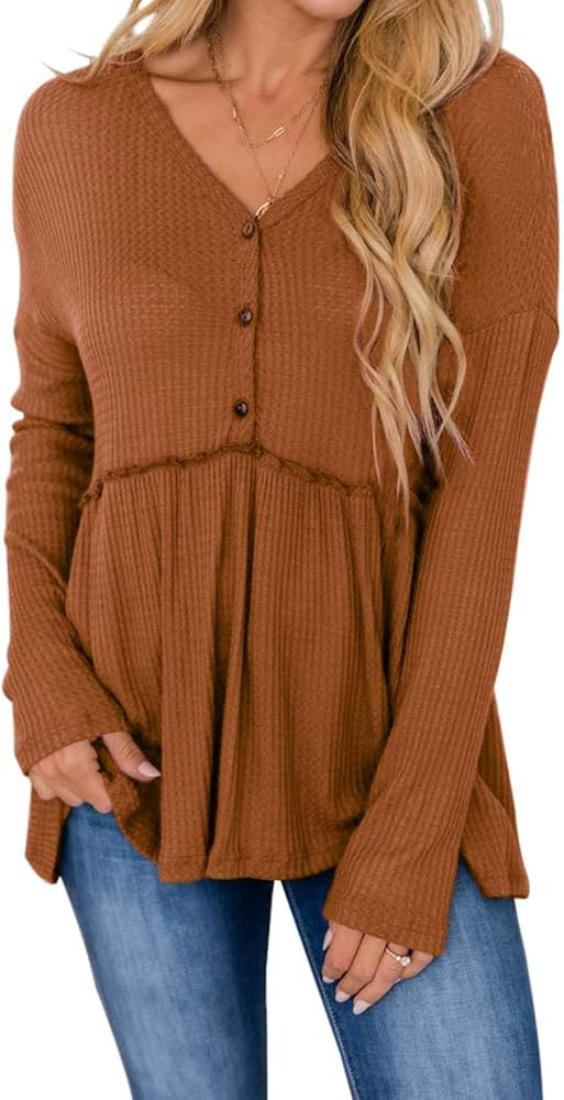 PINKMSTYLE Women's Long Sleeve V Neck Tops Button Up Ruffle Babydoll Tunic Tops Waffle Peplum Blo... | Amazon (US)