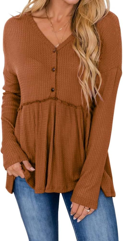 PINKMSTYLE Women's Long Sleeve V Neck Tops Button Up Ruffle Babydoll Tunic Tops Waffle Peplum Blo... | Amazon (US)