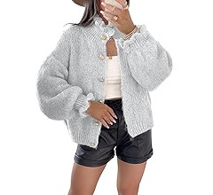 Women’s Chunky Knit Cardigan Sweater Ruffle Button Down Long Sleeve Cozy Loose Fit Fall Winter ... | Amazon (US)