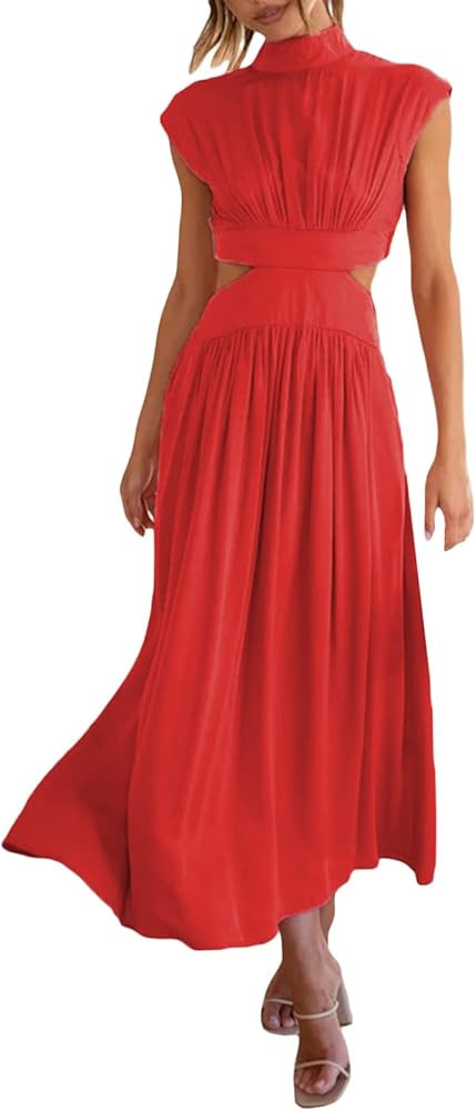 Women Sleeveless Cutout Pleated Maxi Dress Solid Color Summer Casual Dress Mock Neck Dresses A-Li... | Amazon (US)